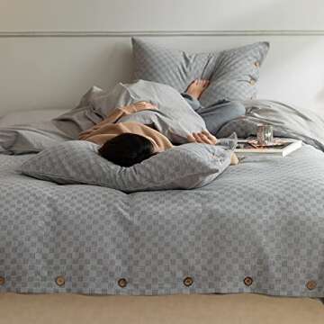 VM VOUGEMARKET Plaid Duvet Cover Set Queen,Waffle Weave Duvet Cover with Button Closure- Hotel Quality 100% Cotton - Luxurious, Comfortable, Breathable, Soft and Extremely Durable (Queen,Gray)