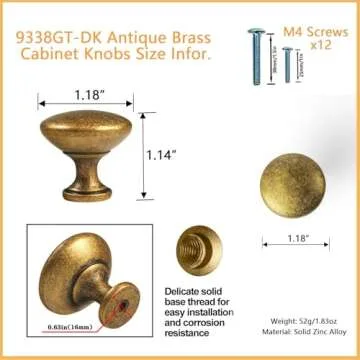 Goo-Ki 6 Pack Antique Brass Cabinet Drawer Knob Kitchen Hardware - Retro Bar Knob Vintage Bronze Single Handles Pull for Closet Wardrobe Dresser Cupboard, 9338GT-DK