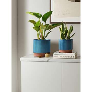 LE TAUCI Ceramic Plant Pots with Drainage Holes, Set of 3, 8+6.7+5.5 Inch Stripe Garden Planter Pots...