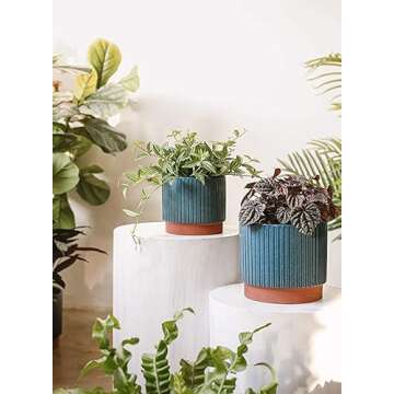 LE TAUCI Ceramic Plant Pots with Drainage Holes, Set of 3, 8+6.7+5.5 Inch Stripe Garden Planter Pots for Outdoor Indoor Plants Flower, Round Succulent Orchid Flower Pot Small to Large Size, Blue