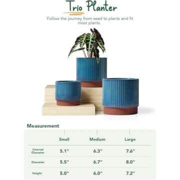 LE TAUCI Ceramic Plant Pots with Drainage Holes, Set of 3, 8+6.7+5.5 Inch Stripe Garden Planter Pots for Outdoor Indoor Plants Flower, Round Succulent Orchid Flower Pot Small to Large Size, Blue