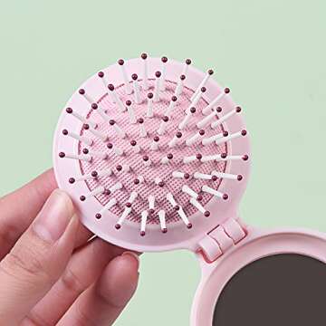 Mini Hair Brush for Purse, Small Portable Pocket Hair Brush with Mirror for Girls, Travel Size, Pink