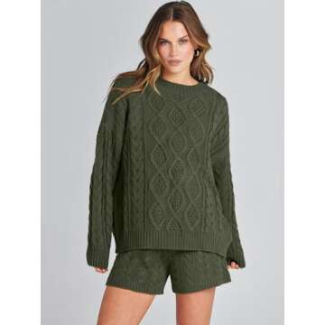 ANRABESS Women 2 Piece Outfits Sweater Lounge Loungewear Sets Fall Cable Knit Oversized Sweaters Short Pants Matching Sets Army green Medium