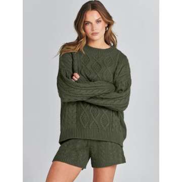 ANRABESS Women 2 Piece Outfits Sweater Lounge Loungewear Sets Fall Cable Knit Oversized Sweaters Short Pants Matching Sets Army green Medium