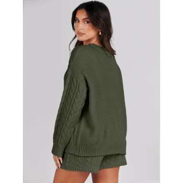 ANRABESS Women 2 Piece Outfits Sweater Lounge Loungewear Sets Fall Cable Knit Oversized Sweaters Short Pants Matching Sets Army green Medium
