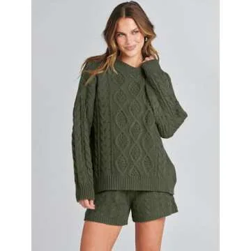 ANRABESS Women 2 Piece Outfits Sweater Lounge Loungewear Sets Fall Cable Knit Oversized Sweaters Short Pants Matching Sets Army green Medium