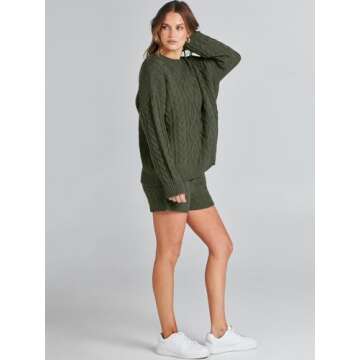 ANRABESS Women 2 Piece Outfits Sweater Lounge Loungewear Sets Fall Cable Knit Oversized Sweaters Short Pants Matching Sets Army green Medium