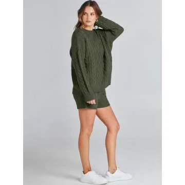 ANRABESS Women 2 Piece Outfits Sweater Lounge Loungewear Sets Fall Cable Knit Oversized Sweaters Short Pants Matching Sets Army green Medium
