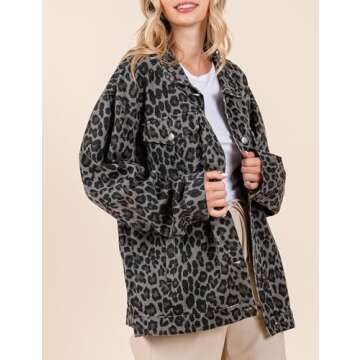 VDWIP Denim Jacket for Women Leopard Print Jacket Cheetah Denim Bomber Jacket Retro Button-up Front ...