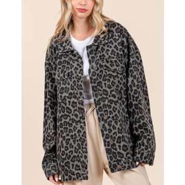 VDWIP Denim Jacket for Women Leopard Print Jacket Cheetah Denim Bomber Jacket Retro Button-up Front Print Tops(Grey-S)