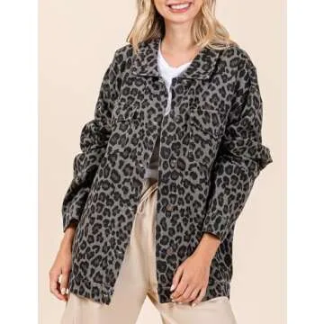 VDWIP Denim Jacket for Women Leopard Print Jacket Cheetah Denim Bomber Jacket Retro Button-up Front Print Tops(Grey-S)