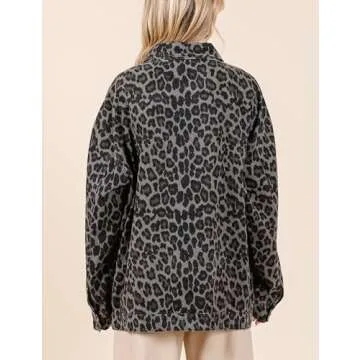 VDWIP Denim Jacket for Women Leopard Print Jacket Cheetah Denim Bomber Jacket Retro Button-up Front Print Tops(Grey-S)