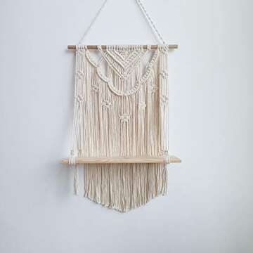BLUETTEK Macrame Wall Hanging Shelf, Wood Hanging Shelf Organizer Hanger, Handmade Cotton Rope Bohomia Woven Home Wall Decor (Flower)
