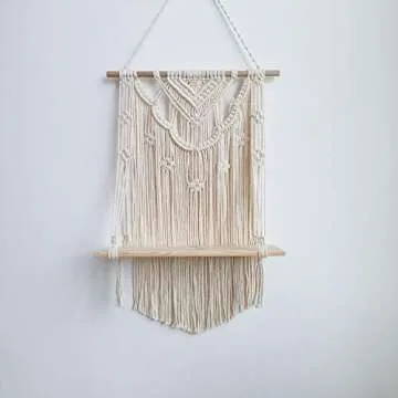 BLUETTEK Macrame Wall Hanging Shelf, Wood Hanging Shelf Organizer Hanger, Handmade Cotton Rope Bohomia Woven Home Wall Decor (Flower)