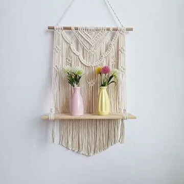 BLUETTEK Macrame Wall Hanging Shelf, Wood Hanging Shelf Organizer Hanger, Handmade Cotton Rope Bohomia Woven Home Wall Decor (Flower)