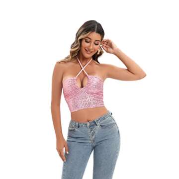 ELQUCHOU Women Going Out Cold Shoulder Sexy Cute Sequin Crop Tops lace up Sleeveless Halter Tank Shiny Metallic Tankini top (Small, Pink)
