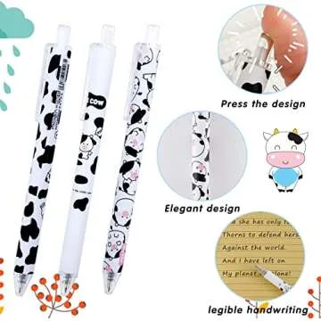 HHLCWA 6 Pieces Cute Cartoon Milk Cow Patterns Writing Ballpoint Pens, Medium Point 0.5 mm Black Ink Pens for Office School Supplies for Kids Girls Women (Cows)