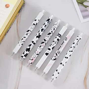 HHLCWA 6 Pieces Cute Cartoon Milk Cow Patterns Writing Ballpoint Pens, Medium Point 0.5 mm Black Ink Pens for Office School Supplies for Kids Girls Women (Cows)