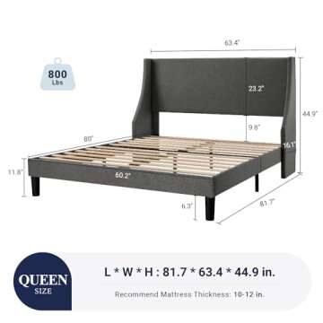 Allewie Platform Bed Frame Queen Size with Upholstered Headboard, Modern Deluxe Wingback, Wood Slat ...