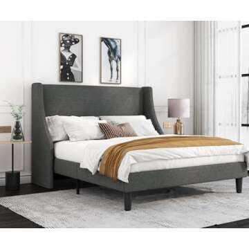 Allewie Platform Bed Frame Queen Size with Upholstered Headboard, Modern Deluxe Wingback, Wood Slat Support, Mattress Foundation, Dark Grey