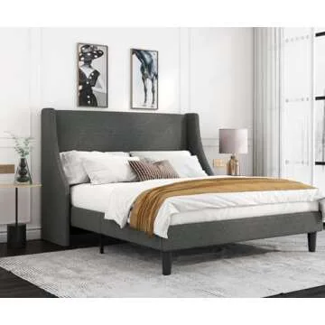 Allewie Platform Bed Frame Queen Size with Upholstered Headboard, Modern Deluxe Wingback, Wood Slat Support, Mattress Foundation, Dark Grey