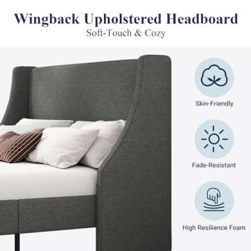 Allewie Platform Bed Frame Queen Size with Upholstered Headboard, Modern Deluxe Wingback, Wood Slat Support, Mattress Foundation, Dark Grey