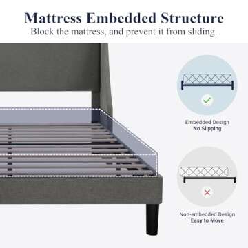 Allewie Platform Bed Frame Queen Size with Upholstered Headboard, Modern Deluxe Wingback, Wood Slat Support, Mattress Foundation, Dark Grey