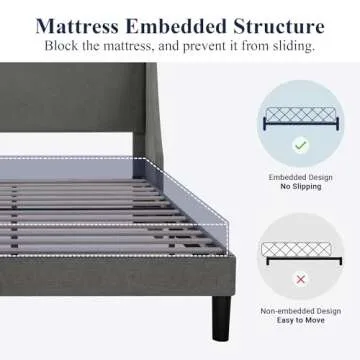Allewie Platform Bed Frame Queen Size with Upholstered Headboard, Modern Deluxe Wingback, Wood Slat Support, Mattress Foundation, Dark Grey