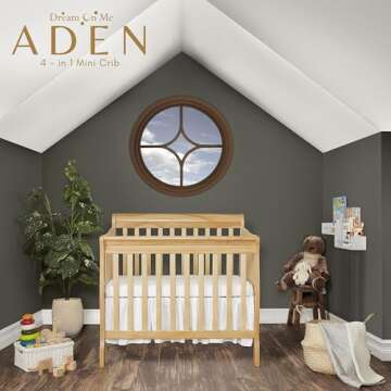 Dream On Me Aden 4-in-1 Convertible Mini Crib In Natural, Greenguard Gold Certified, Non-Toxic Finis...