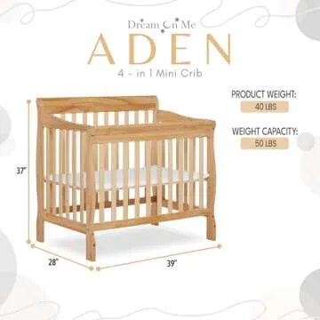 Dream On Me Aden 4-in-1 Convertible Mini Crib In Natural, Greenguard Gold Certified, Non-Toxic Finish, New Zealand Pinewood, With 3 Mattress Height Settings