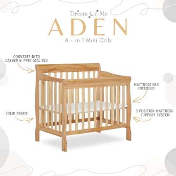Dream On Me Aden 4-in-1 Convertible Mini Crib In Natural, Greenguard Gold Certified, Non-Toxic Finish, New Zealand Pinewood, With 3 Mattress Height Settings