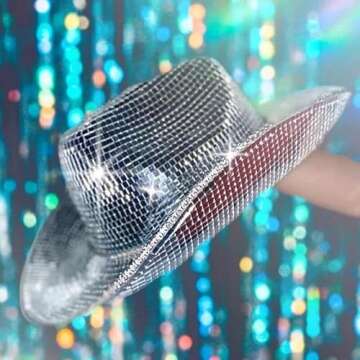 oxncbwi Disco Ball Cowboy Hat,Women Sparkly Glitter Space Hat,Cowgirl Cap,Sparkling Silver Cowboy Hat,Festival Hat,Silver Mirror Ball Cowboy Hat For Wedding Costume Cosplay Party 16x12