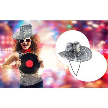 oxncbwi Disco Ball Cowboy Hat,Women Sparkly Glitter Space Hat,Cowgirl Cap,Sparkling Silver Cowboy Hat,Festival Hat,Silver Mirror Ball Cowboy Hat For Wedding Costume Cosplay Party 16x12