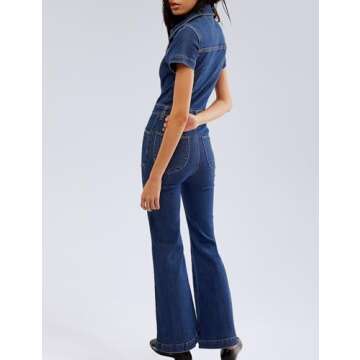 Qazel Vorrlon Denim Jumpsuit for Women Flare Wide Leg Blue Jean Jumper Short Sleeve Button Stretch Long Romper Pants