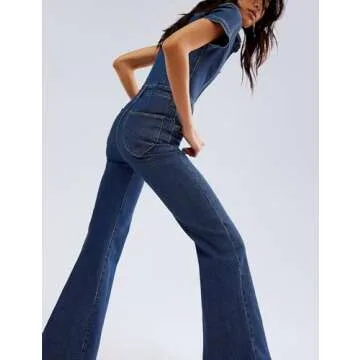 Qazel Vorrlon Denim Jumpsuit for Women Flare Wide Leg Blue Jean Jumper Short Sleeve Button Stretch Long Romper Pants