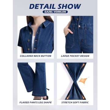 Qazel Vorrlon Denim Jumpsuit for Women Flare Wide Leg Blue Jean Jumper Short Sleeve Button Stretch Long Romper Pants