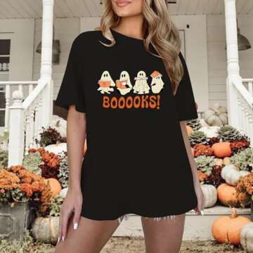Halloween Shirts for Women Oversized Ghost Reading Books T-Shirt Cute Spooky Bookish Short Sleeve Te...
