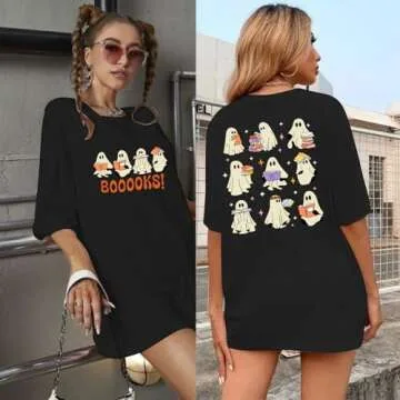 Oversized Halloween Ghost Reading T-Shirt for Women