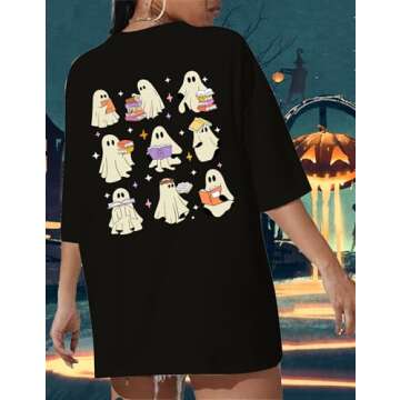 Halloween Shirts for Women Oversized Ghost Reading Books T-Shirt Cute Spooky Bookish Short Sleeve Tee Tops Black