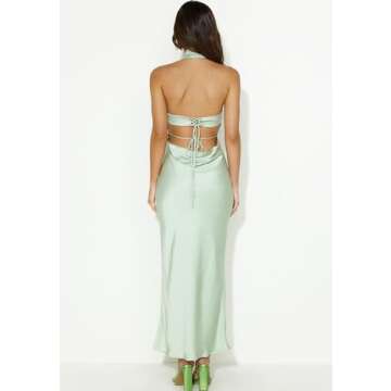 Phicia Sexy Satin Halter Neck Backless Maxi Dress for Women Elegant Tie Cowl Back Formal Wedding Guest Dress for Summer Sage
