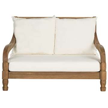 SAFAVIEH Outdoor Collection Pomona Natural Solid Wood/Beige Lounger Bench Sofa Loveseat (PAT6740A)