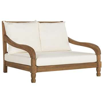 SAFAVIEH Outdoor Collection Pomona Natural Solid Wood/Beige Lounger Bench Sofa Loveseat (PAT6740A)
