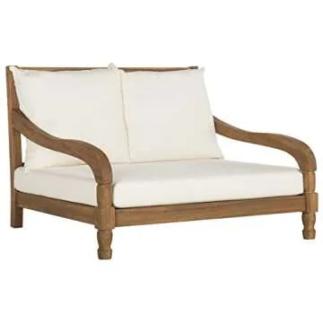 SAFAVIEH Outdoor Collection Pomona Natural Solid Wood/Beige Lounger Bench Sofa Loveseat (PAT6740A)