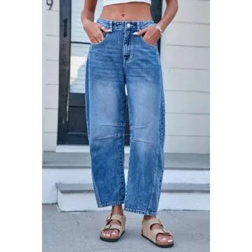 GREAIDEA Mid Rise Barrel Jeans for Women Wide Leg Mid Waist Cropped Denim Pants Y2k Baggy Boyfriend Jeans with Pockets Dark Blue
