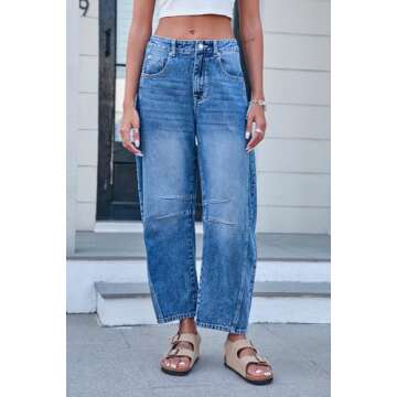 GREAIDEA Mid Rise Barrel Jeans for Women Wide Leg Mid Waist Cropped Denim Pants Y2k Baggy Boyfriend Jeans with Pockets Dark Blue