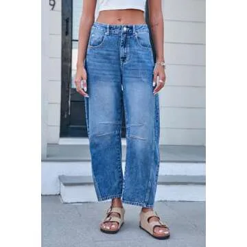 GREAIDEA Mid Rise Barrel Jeans for Women Wide Leg Mid Waist Cropped Denim Pants Y2k Baggy Boyfriend Jeans with Pockets Dark Blue
