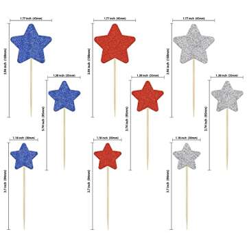 Gyufise 36Pcs Glitter Star Independence Day Cupcake Toppers Blue Red and Silver 4th of July Cupcake ...