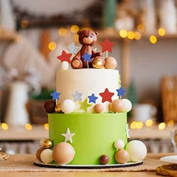 Gyufise 36Pcs Glitter Star Independence Day Cupcake Toppers Blue Red and Silver 4th of July Cupcake Picks American National Day Theme Birthday Party Cake Decorations Supplies