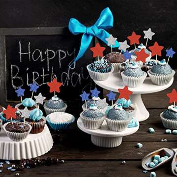 Gyufise 36Pcs Glitter Star Independence Day Cupcake Toppers Blue Red and Silver 4th of July Cupcake Picks American National Day Theme Birthday Party Cake Decorations Supplies