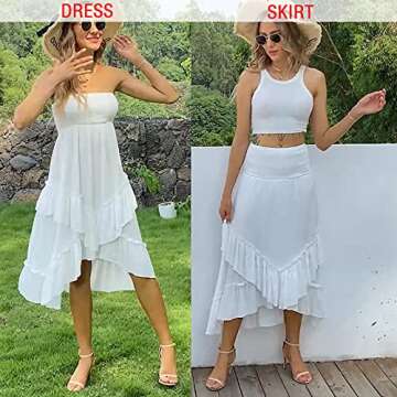 UIMLK Women's Summer High Low Bohemian Strapless Sleeveless Beach Dress Flowy Tiered Ruffle Midi Length Hippie Skirts,White-L
